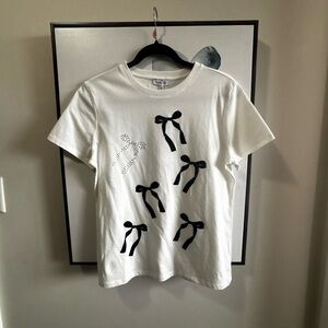 White Short Sleeve Tee with Black Bow Motif - Women's